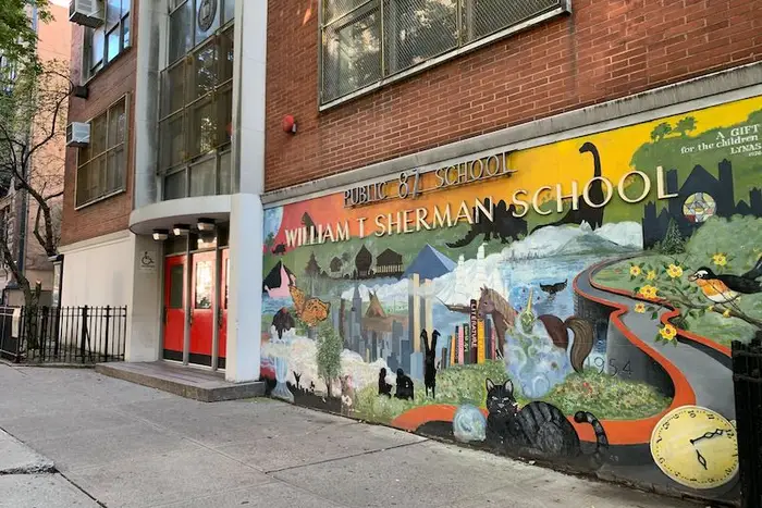 A shot of the colorful mural on the walls of PS 87 on the Upper West Side.